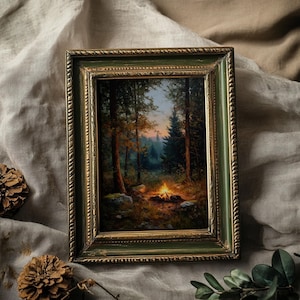 Rustic Forest Campfire Unframed Painting Print, Cabin Wall Art, Wilderness Nature Decor, Outdoorsy Landscape Artwork