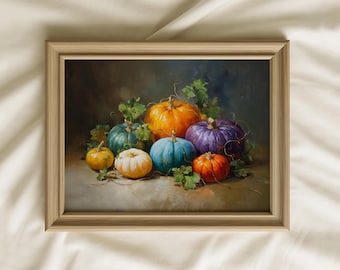 Colorful Pumpkins Painting: Rustic Autumn Harvest Wall Art Print