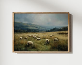 Vintage Sheep Painting, Countryside Meadow Art, Rustic Farmhouse Decor
