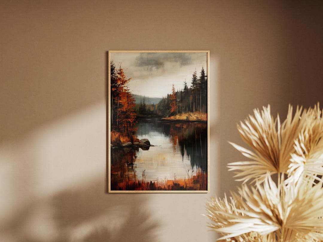 Vintage Fall Lake Painting, Rustic Autumn Decor, Moody Landscape Print ...