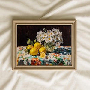 Lemons and Daisies Still Life Print: Vintage Kitchen Cottagecore Wall Art