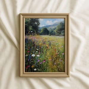 Summer Meadow Unframed Painting Print, Wildflower Field Wall Art, Soft Landscape Decor, Country Nature Artwork for Cottage Home