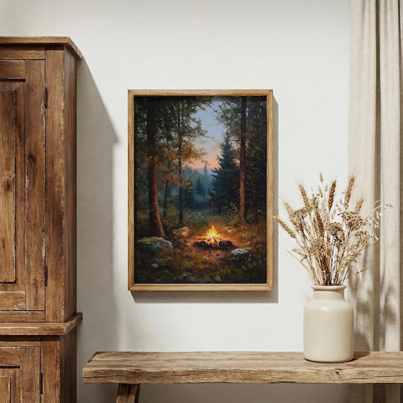 Rustic Campfire Painting, Cozy Cabin Decor, Moody Forest Art Print