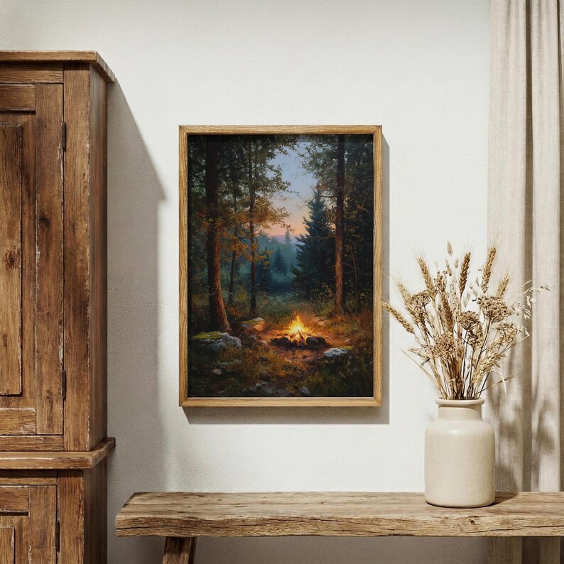 Rustic Campfire Painting, Cozy Cabin Decor, Moody Forest Art Print image 1