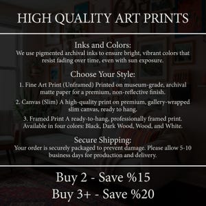 May include: Text overlay on a background of framed art pieces. The text reads "HIGH QUALITY ART PRINTS" and details about inks, colors, and print styles, including framed prints in black, dark wood, wood, and white. Also includes information about secure shipping.