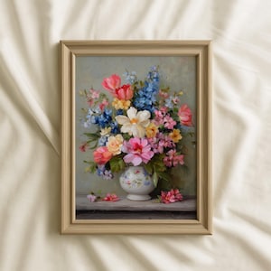 Impresión de flores de primavera en jarrón, arte floral vintage para pared, pintura floral estilo cottagecore, decoración rústica francesa, obra botánica sin marco