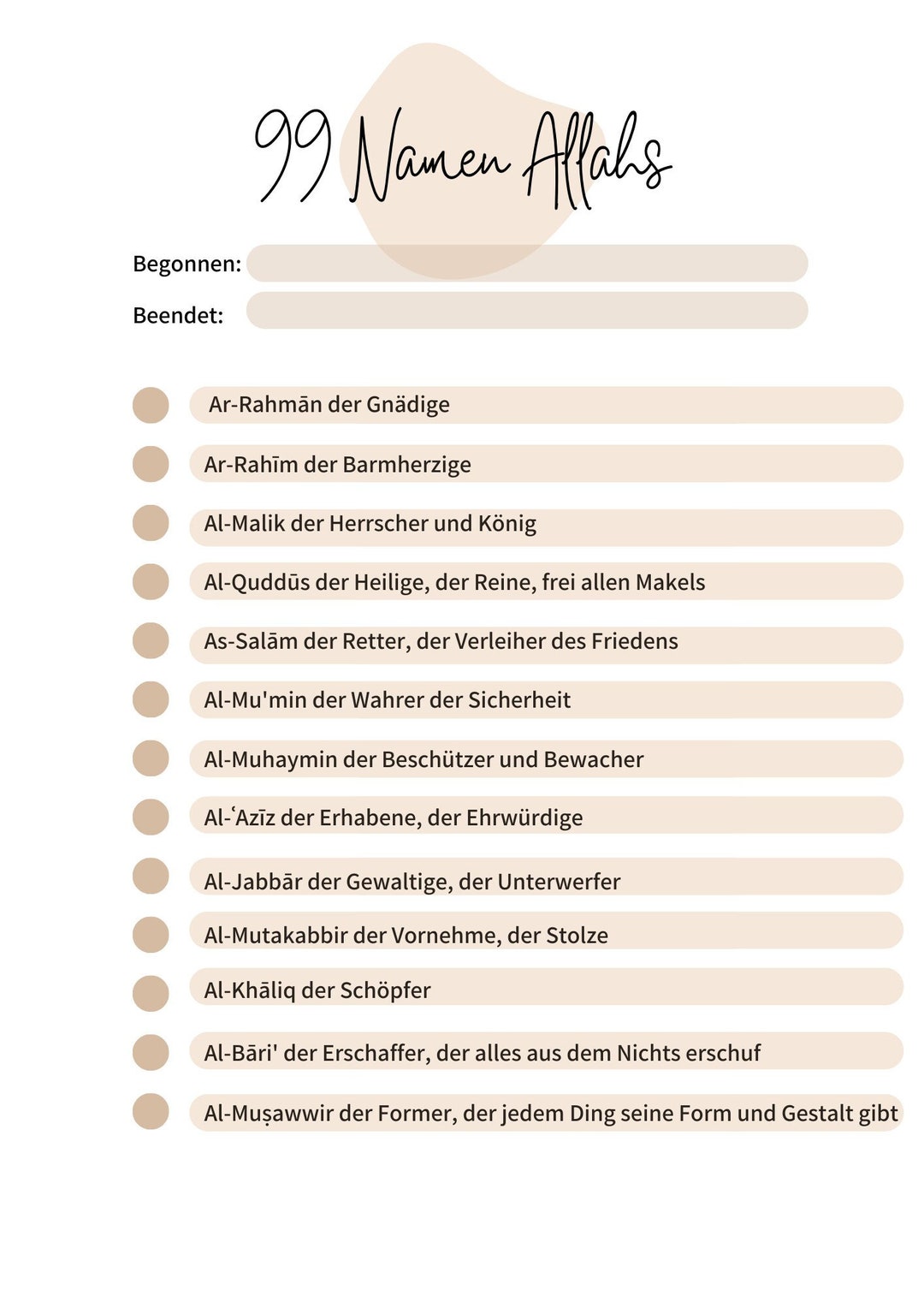 Study Booklet 99 Names of Allah (PDF for Printing) - Etsy