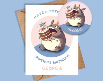 Totoro Personalised Birthday Card and Badge set, Totoro Birthday Card, Totoro Birthday Badge, Personalised Card