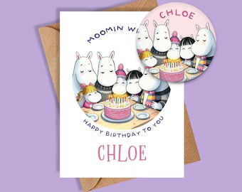 Moomin card and badge set, Moomins Personalised Birthday Card and badge, Moomins Birthday Card and badge
