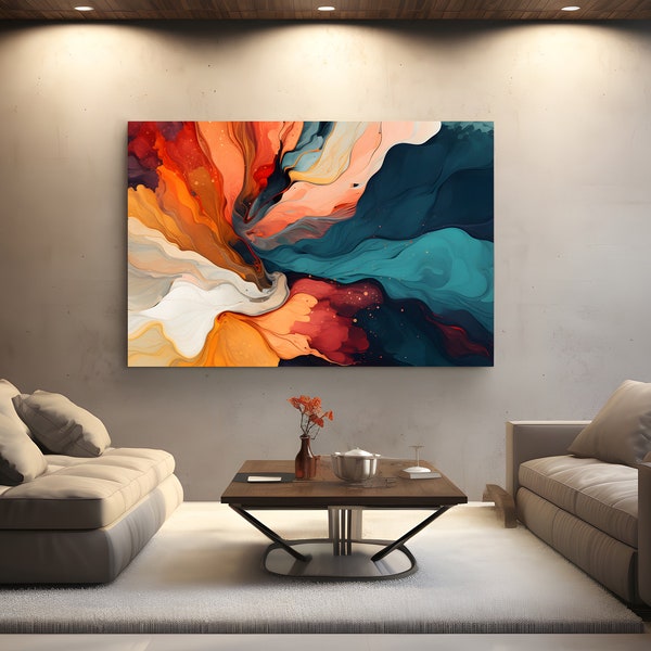 Colorful Waves Wall Art Decor Modern Abstract Painting Red White and Blue Waves Very Large Art Print Loft Gift Idea for Real Estate Business