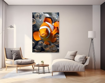 Very Large Clownfish Art Orange Black White Canvas Art Print Microshot Photo of Ocean Life Aquatic Store Decoration Idea Gift for Kids Room