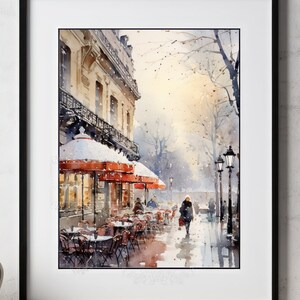 European Cafe Painting in Winter | Restaurant | Cafe | Outdoor Dining | Dinner | Snowing | France | Italy | Fine Art Decor | Paris Vacation