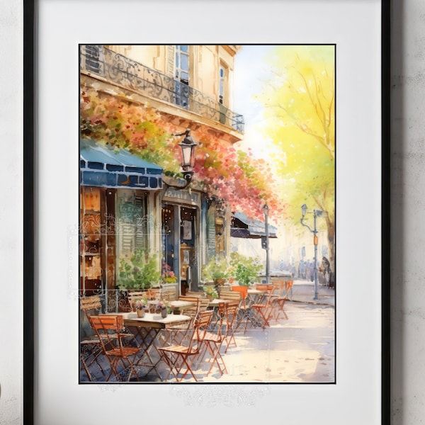 European Cafe Painting in Spring | Restaurant | Cafe | Outdoor Dining | Dinner | Blossoms | France | Italy | Fine Art Decor | Paris Vacation