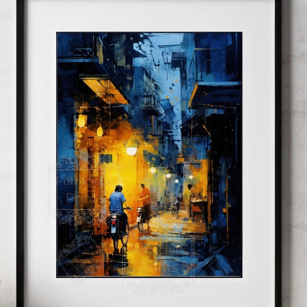 Stadt Gasse Gemälde | Nacht| Straßenlaterne | Abend | Abenddämmerung | Fine Art Decor