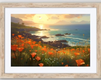 California Coast with Poppies | Ocean Print | West Coast | Spring Bloom | Wildflower Painting | Watercolor Decor | Trendy Art | Beach House