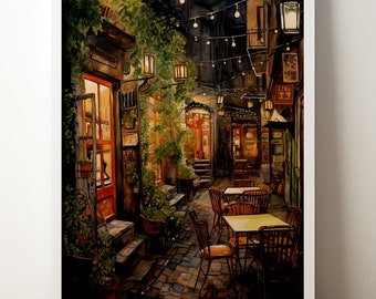 European Cafe Painting | Restaurant | Cafe | Outdoor Dining | Dinner | Night | France | Italy | Fine Art Decor | Cozy Romantic Setting