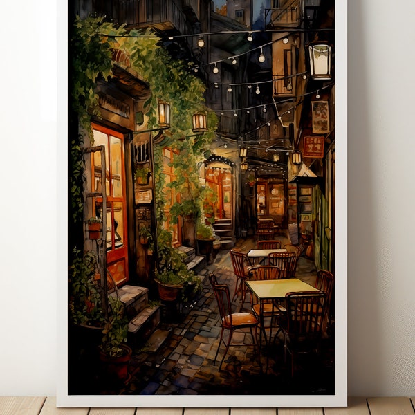 Peinture de café européen | Restaurant | Café | Repas en plein air | Dîner | Nuit | France | Italie | Décor d’art | Cadre romantique et confortable