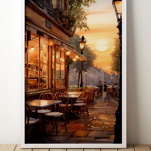 Peinture européenne de café au coucher du soleil | Restaurant | Café | Repas en plein air | Dîner | Lever du soleil | France | Italie | Décoration artistique | Vacances à Paris