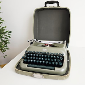 50% OFF!* Green-olive Erika 10 a portable working vintage typewriter from the 1950s. Awesome condition. unique gift. Retro office decor.