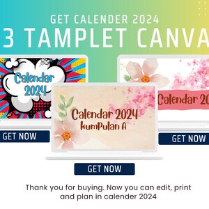 May include: Three digital templates for 2024 calendars, each with a different design. The first template features a comic book style design with red, yellow, and blue colors. The second template features a watercolor design with pink flowers. The third template features a simple design with a pink background and the text "Calendar 2024".