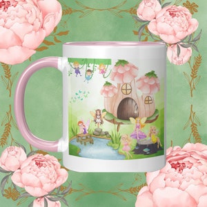 Fairy Cottagecore Pink Accent Mug, Cottage Mug, Fairy Mug, Mug with Fairies, Fairy Garden Mug, Fairyland Mug, Forest Faries Mug, Fairy House
