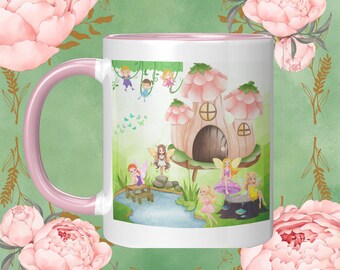 Fairy Cottagecore Pink Accent Mug, Cottage Mug, Fairy Mug, Mug with Fairies, Fairy Garden Mug, Fairyland Mug, Forest Faries Mug, Fairy House