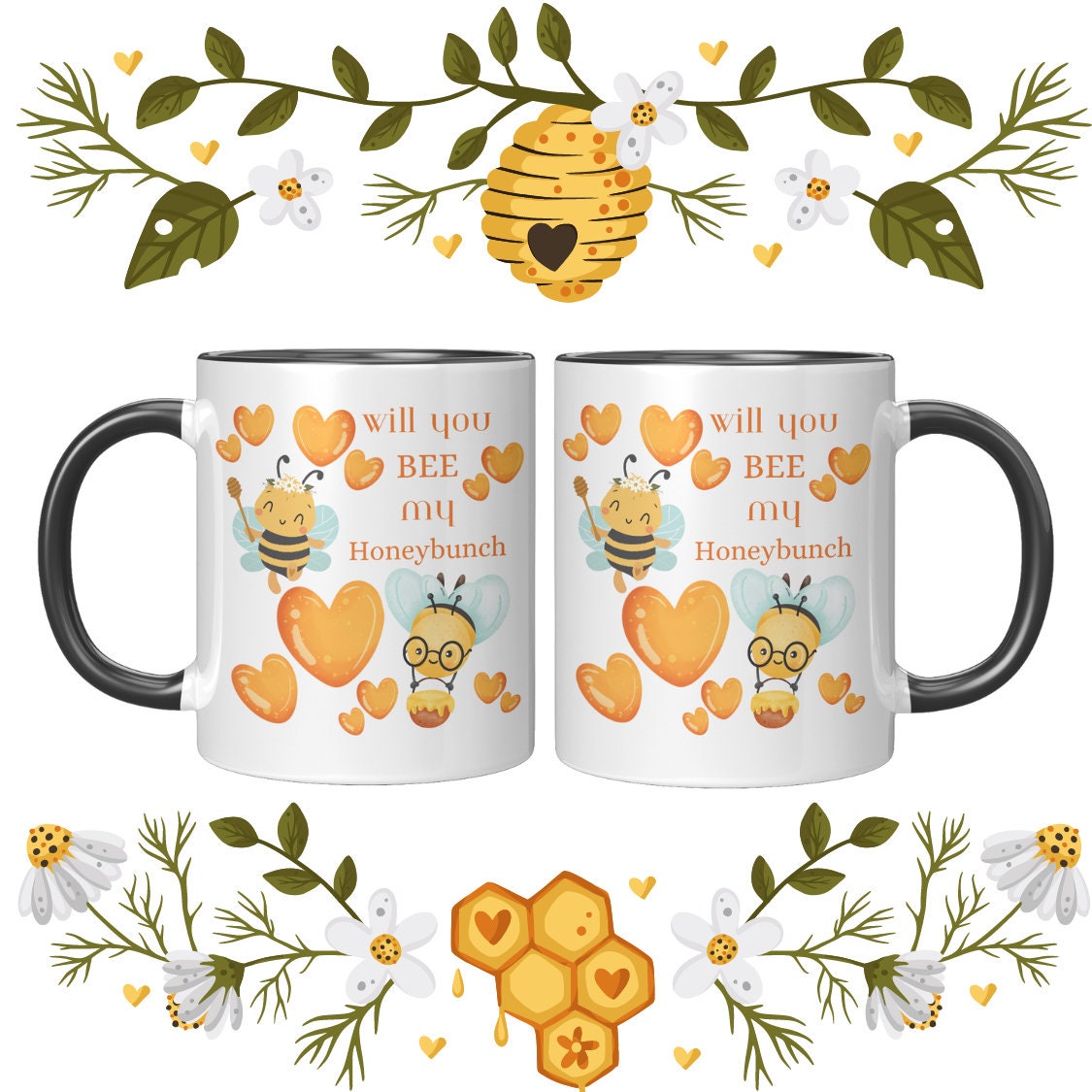 Will You BEE My HONEYBUNCH Black Accent Mug, Bee Mug, Valentines