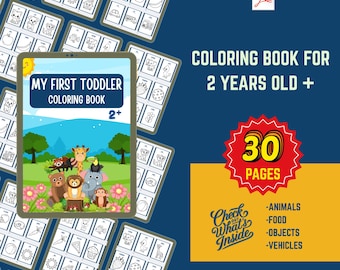 May include: A digital coloring book for toddlers, titled "My First Toddler Coloring Book" with 30 pages. The cover features a colorful illustration of animals. The book is designed for children aged 2 and up. Includes animals, food, objects, and vehicles.