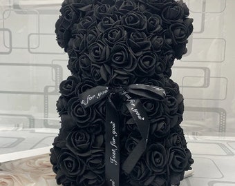 Ourson en roses artificielles, 25cm, Noir, fausses fleurs, pour un cadeau d'anniversaire, pour un mariage, Saint Valentin