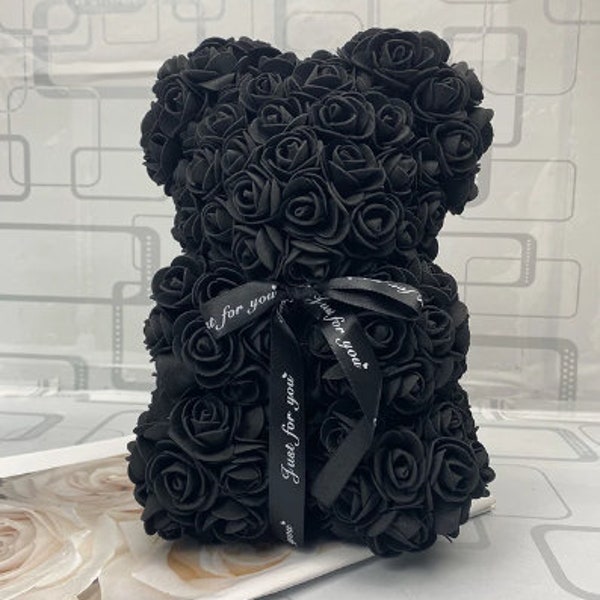 Ourson en roses artificielles, 25cm, Noir, fausses fleurs, pour un cadeau d'anniversaire, pour un mariage, Saint Valentin