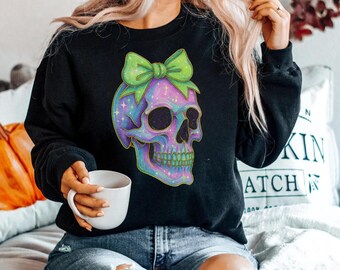 Sudadera de calavera coqueta / Suéter de esqueleto neón / Suéter de calavera pastel brillante / Top gótico de Halloween femenino / Estética espeluznante linda