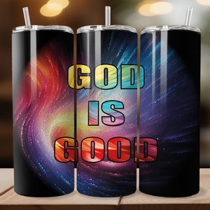 Stained Glass Neon God Is Good Christian Tumbler 20oz Sublimation Design, Straight And Tapered Tumbler Wrap | Instant Digital Download PNG
