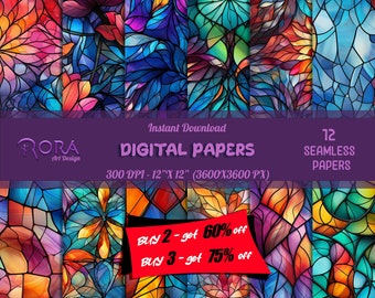 Papéis para impressão - Padrão de vitral - Padrões sem costura - 12 designs - 12x12 pol. - 3600x3600px - Download instantâneo. Uso comercial