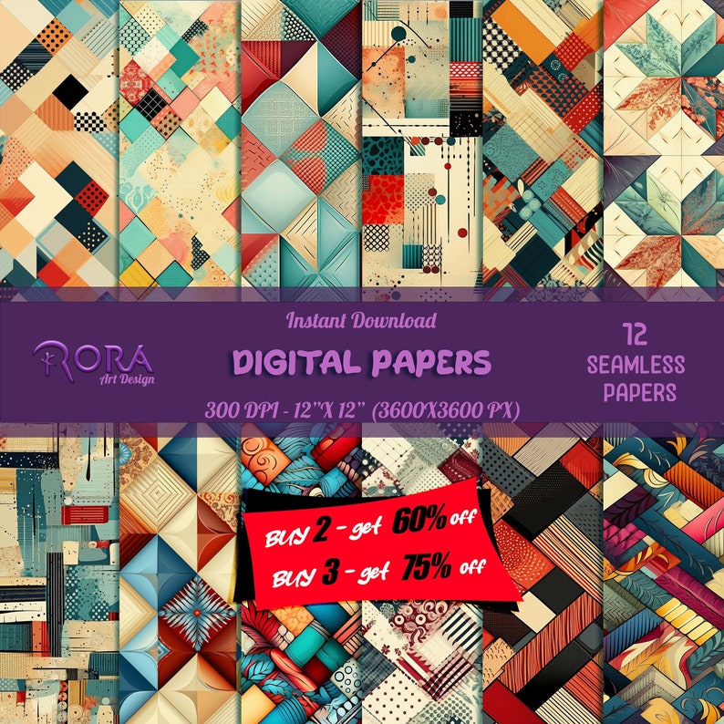 Pode incluir: Doze pap&eacute;is digitais com padr&otilde;es geom&eacute;tricos em tons de azul, vermelho, amarelo e verde. Os pap&eacute;is medem 30,48 cm por 30,48 cm e t&ecirc;m uma resolu&ccedil;&atilde;o de 300 DPI. O texto "BUY 2 - get 60% off" e "BUY 3 - get 75% off" &eacute; exibido na imagem.