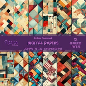 Pode incluir: Doze pap&eacute;is digitais com padr&otilde;es geom&eacute;tricos em tons de azul, vermelho, amarelo, verde e preto. Cada papel mede 30,48 cm por 30,48 cm e 300 DPI.