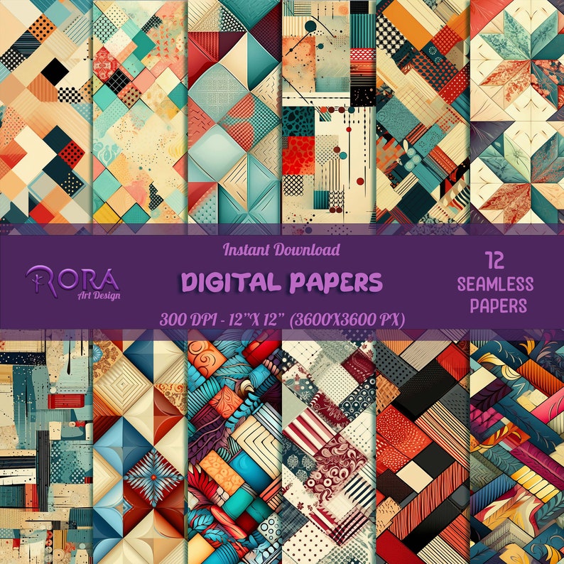 Pode incluir: Doze pap&eacute;is digitais com padr&otilde;es geom&eacute;tricos em tons de azul, vermelho, amarelo, verde e preto. Cada papel mede 30,48 cm por 30,48 cm e 300 DPI.