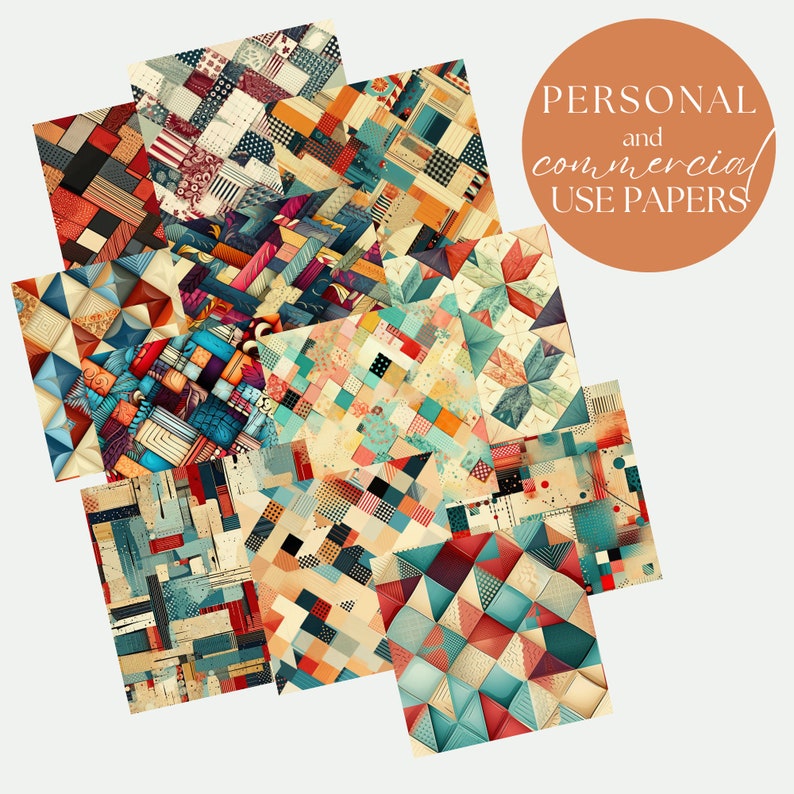 Pode incluir: Um conjunto de 10 padr&otilde;es de papel digital com designs geom&eacute;tricos em uma variedade de cores, incluindo vermelho, azul, amarelo e verde. Os padr&otilde;es s&atilde;o perfeitos para scrapbooking, cria&ccedil;&atilde;o de cart&otilde;es e outros projetos de artesanato.