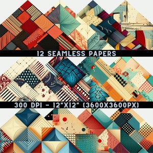 Pode incluir: Doze padr&otilde;es de papel digital sem costura em estilo colagem com formas geom&eacute;tricas, desenhos florais e listras em uma variedade de cores, incluindo vermelho, azul, verde, amarelo e branco. Os pap&eacute;is s&atilde;o de 12" x 12" (3600 x 3600 pixels) e 300 DPI.