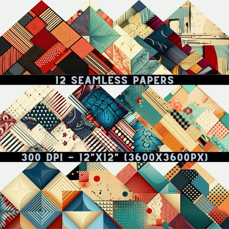 Pode incluir: Doze padr&otilde;es de papel digital sem costura em estilo colagem com formas geom&eacute;tricas, desenhos florais e listras em uma variedade de cores, incluindo vermelho, azul, verde, amarelo e branco. Os pap&eacute;is s&atilde;o de 12" x 12" (3600 x 3600 pixels) e 300 DPI.