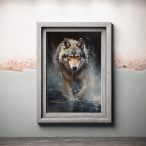May include: A framed painting of a wolf running through water. The wolf is gray and white with brown markings. The water is a dark blue and green color. The frame is a light gray wood.