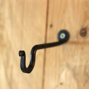 May include: Black metal hook with a decorative scroll at the end, mounted on a wooden wall.