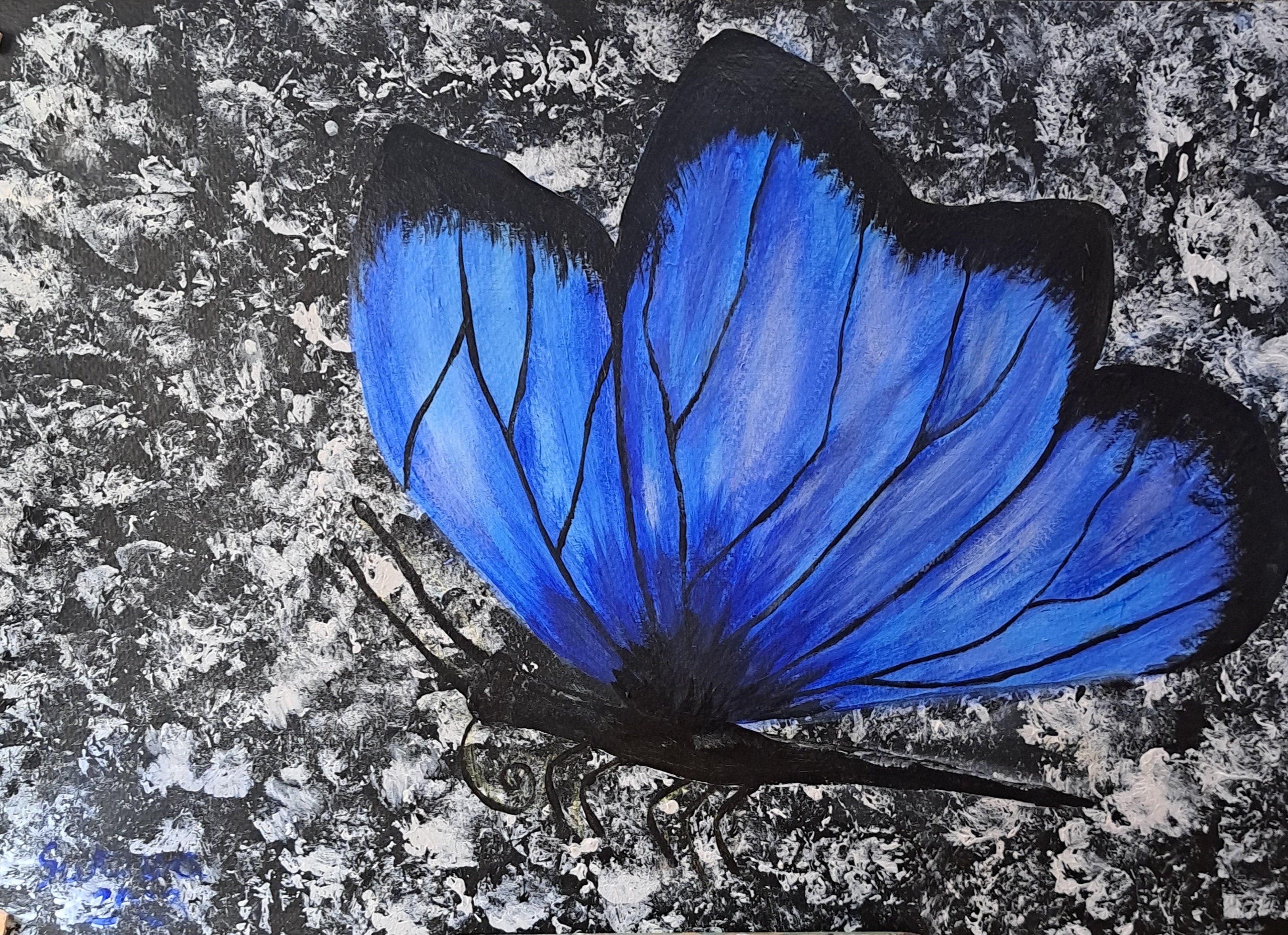 Blue Butterfly Floral Art Original Handmade Acrylic Painting Paper Oil  13*16.7