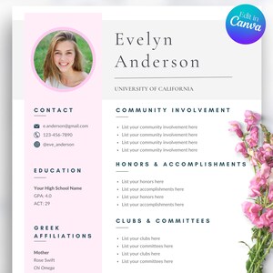 Sorority Resume Template, Rush Resume and Sorority Letter Pack, Social Resume Template with photo, Canva Template