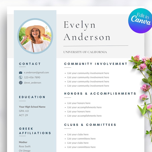 Sorority Resume Template, Rush Resume and Sorority Letter Pack, Social Resume Template with photo, Canva Template