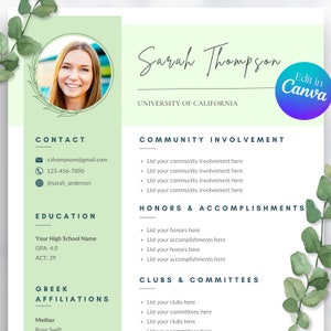 Sorority Resume Template, Rush Resume and Sorority Letter Pack, Social Resume Template with photo, Canva Template