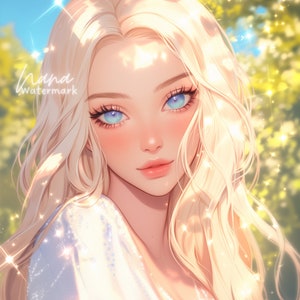 Puede incluir: Un retrato de cerca de una mujer con el pelo largo y rubio que fluye. Tiene ojos azules y lleva una blusa blanca brillante. El fondo está desenfocado y presenta una luz suave y dorada.