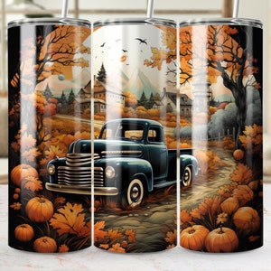 Fall Tumbler Wrap Sublimation Autumn Vintage Truck Tumbler Wrap Fall Vintage Truck Design Skinny Tumbler 20 oz  Pumpkins Sublimation Design