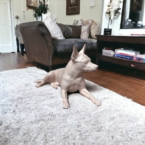 Puede incluir: Una figurita de perro de cer&aacute;mica de color marr&oacute;n claro tumbada sobre una alfombra blanca y esponjosa. El perro est&aacute; en una pose relajada con la cabeza girada hacia un lado.