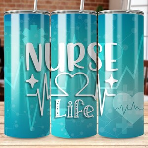 May include: Three turquoise blue stainless steel tumblers with a white heart, EKG line, and the text "NURSE Life" printed on them. The tumblers have a white star and a red cross design.