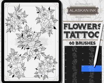 60 compositions de tatouage de fleurs Procreate Brushes - Ensemble de pinceaux Procreate pour iPad